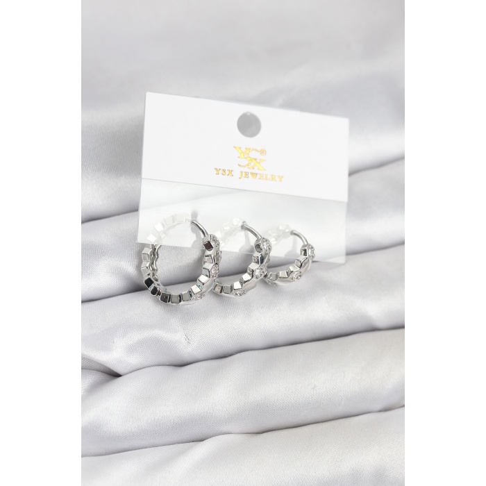 Pirinç Gümüş Renk Zirkon Taşlı Petek Halka Model YSX Trio Küpe Seti -