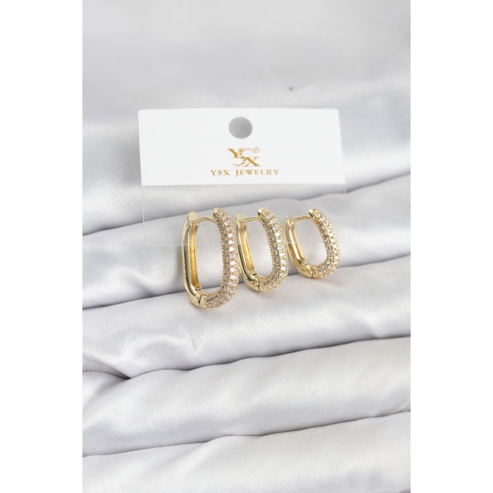Pirinç Gold Renk Zirkon Taşlı Halka Model YSX Trio Küpe Seti -
