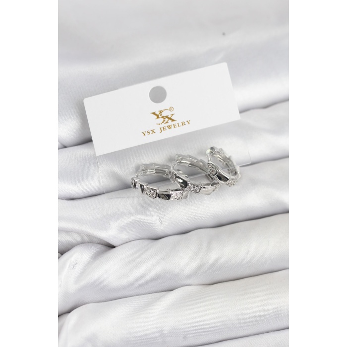 Pirinç Gümüş Renk Zirkon Taşlı Halka Yılan Model YSX Trio Küpe Seti -