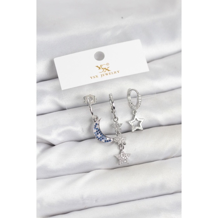 Pirinç Gümüş Renk Zirkon Taşlı Ay ve Yıldız Model YSX Trio Küpe Seti -