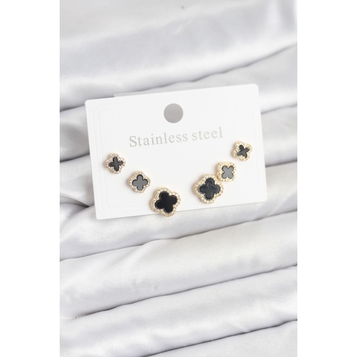 316L Çelik Zirkon Taşlı Yonca Model Kadın Küpe Seti -