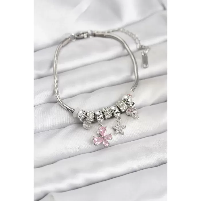 Pirinç Gümüş Renk Pembe Kelebek Charmlı Kadın Bileklik