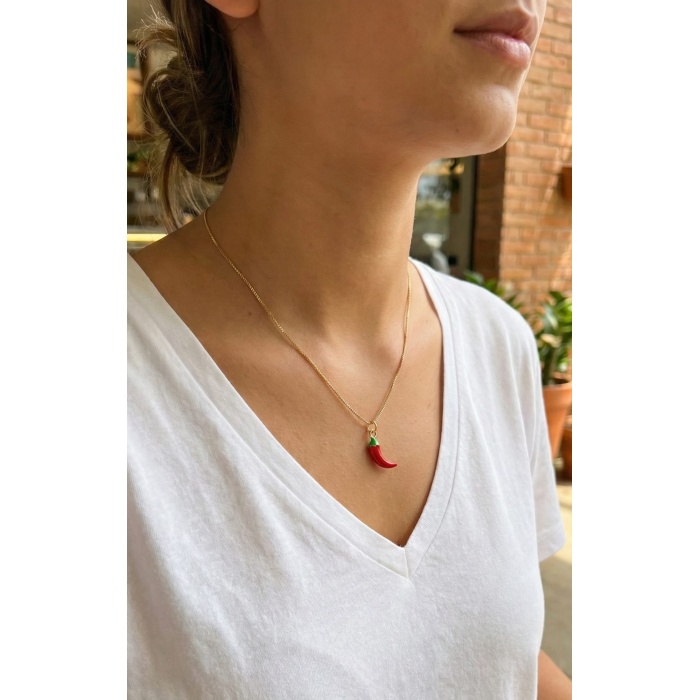 Pirinç Gold Renk Kırmızı Kapya Biber Model Kadın Kolye - Lisinya
