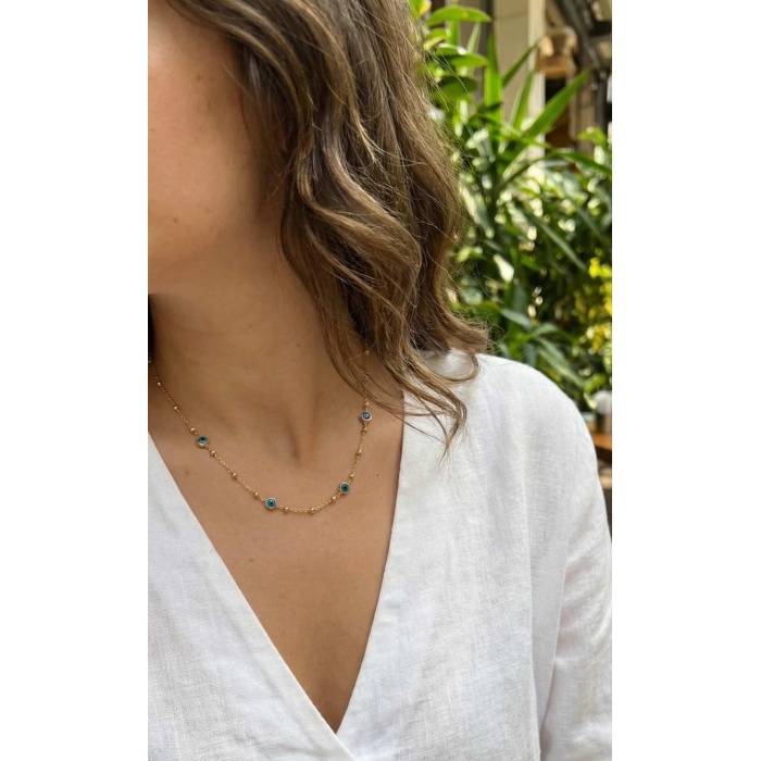 316L Çelik Gold Renk Nazarlı ve Topçuklu Model Kadın Kolye - Lisinya