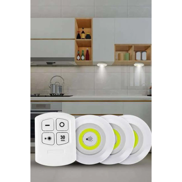 Yapışkanlı 3lü Spot Led Işık Lamba Montajsız Pilli Uzaktan Kumandalı ( Lisinya )