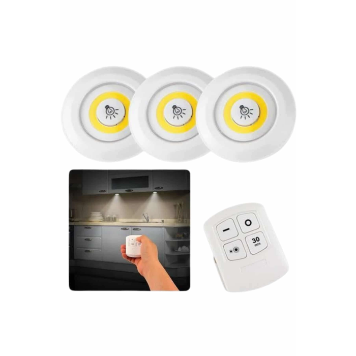 Dolap Işığı Mutfak Rafı Işığı Uzaktan Kumandalı 3 Lü Spot Led Lamba ( Lisinya )