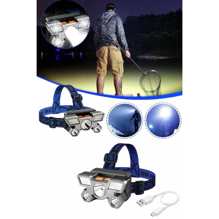 5 Led Far Şarj Edilebilir Güçlü Kafa Lambası Kamp Lambası 4 Modlu ( Lisinya )