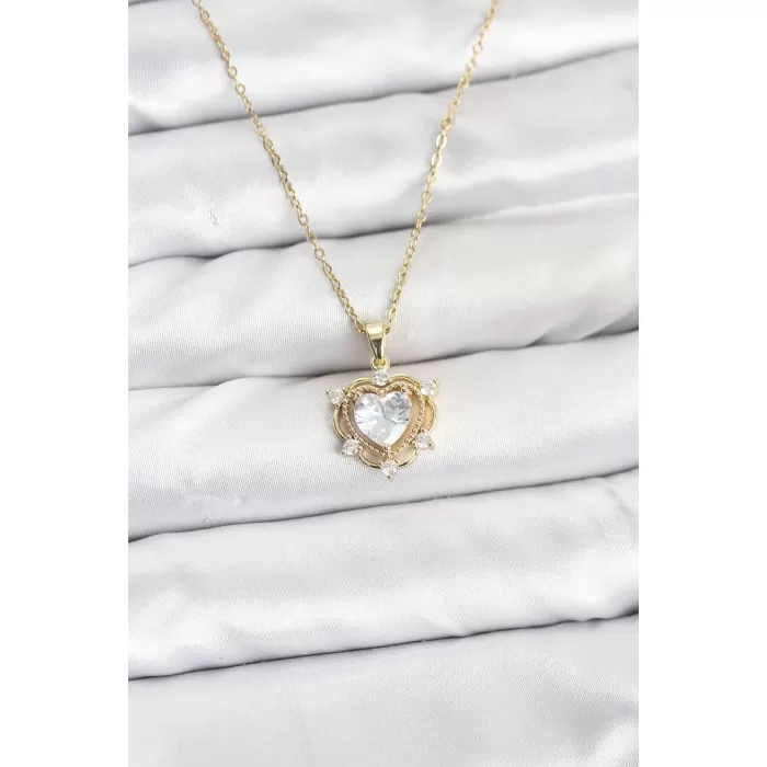 316L Çelik Zincir Gold Renk Kalp Model Zirkon Taşlı Kadın Kolye