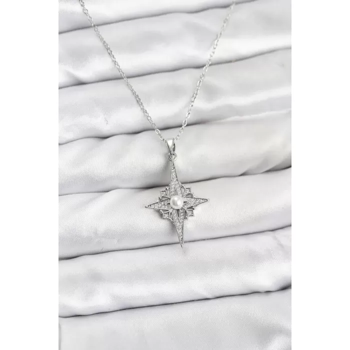 316L Çelik Zincir Gümüş Renk Kutup Yıldızı Model Zirkon Taşlı Kadın Kolye