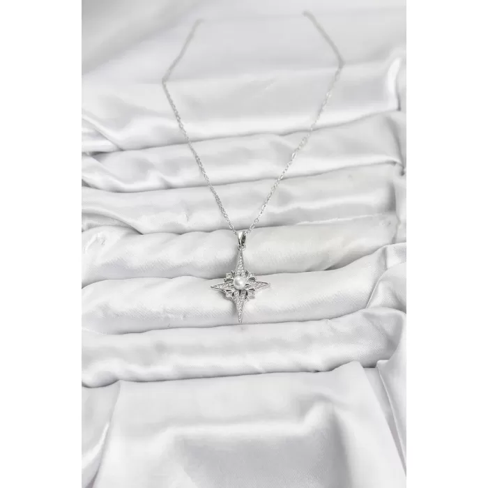 316L Çelik Zincir Gümüş Renk Kutup Yıldızı Model Zirkon Taşlı Kadın Kolye