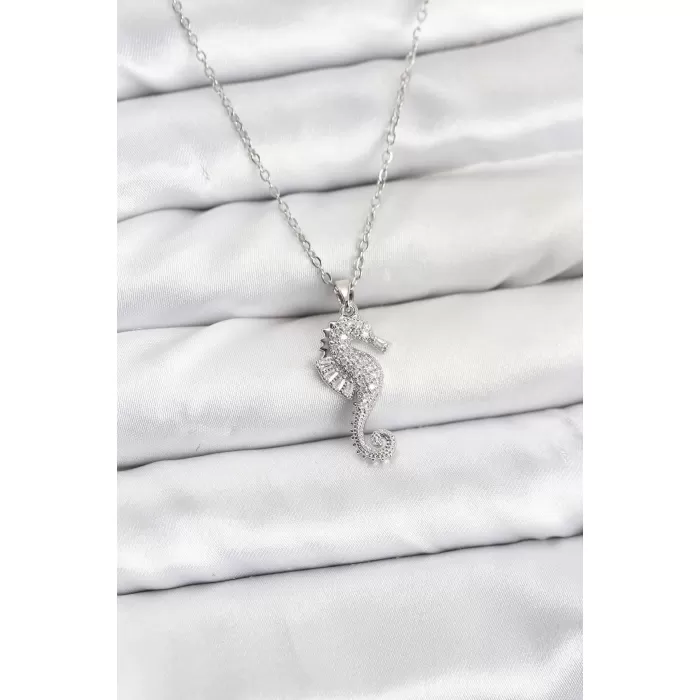 316L Çelik Zincir Gümüş Renk Deniz Atı Model Zirkon Taşlı Kadın Kolye