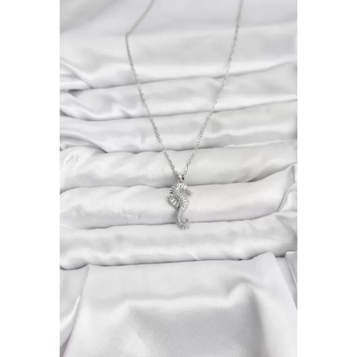 316L Çelik Zincir Gümüş Renk Deniz Atı Model Zirkon Taşlı Kadın Kolye