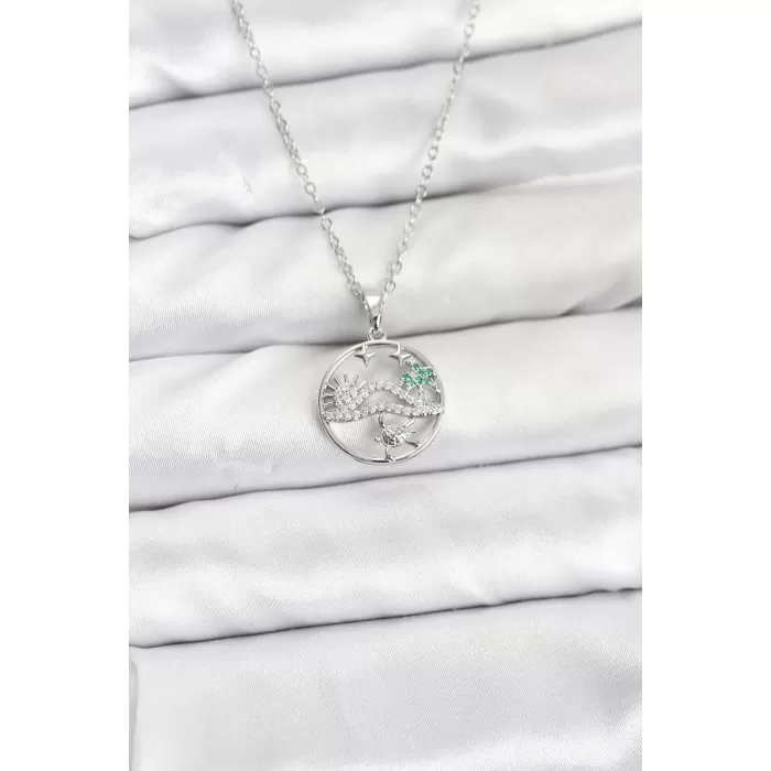 316L Çelik Zincir Gümüş Renk Şans Kolyesi Model Zirkon Taşlı Kadın Kolye