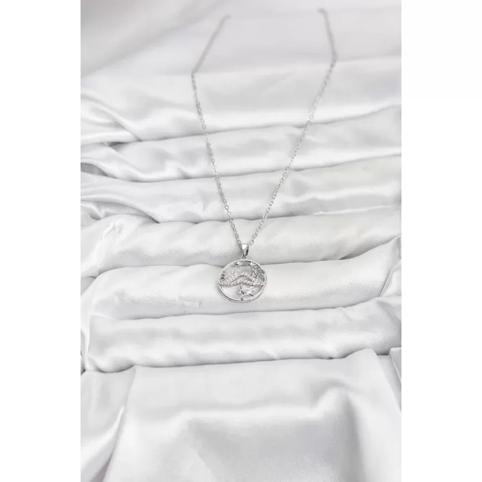 316L Çelik Zincir Gümüş Renk Şans Kolyesi Model Zirkon Taşlı Kadın Kolye