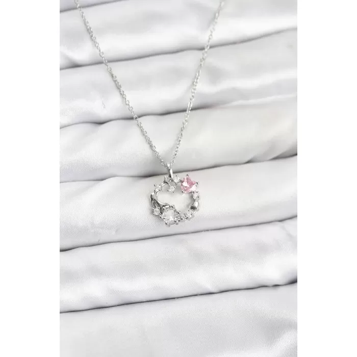 316L Çelik Zincir Gümüş Renk Pembe Taş Detaylı Çelenk Model Kadın Kolye