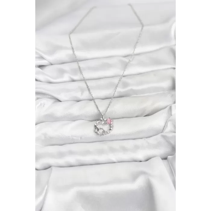 316L Çelik Zincir Gümüş Renk Pembe Taş Detaylı Çelenk Model Kadın Kolye