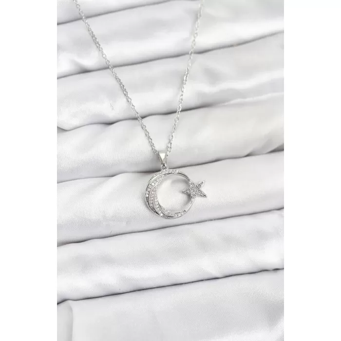 316L Çelik Zincir Gümüş Renk Ay Yıldız Model Zirkon Taşlı Kadın Kolye
