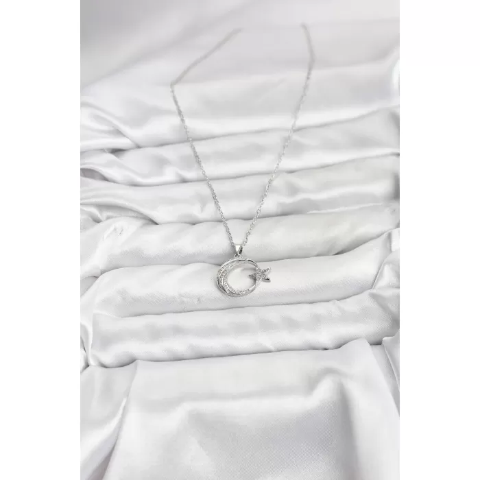 316L Çelik Zincir Gümüş Renk Ay Yıldız Model Zirkon Taşlı Kadın Kolye