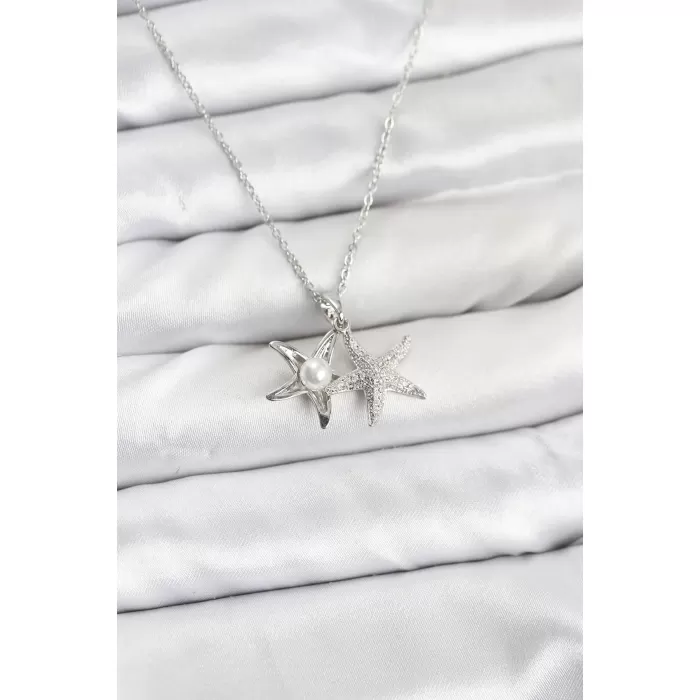 316L Çelik Zincir Gümüş Renk Deniz Yıldızı Model Zirkon Taşlı Kadın Kolye