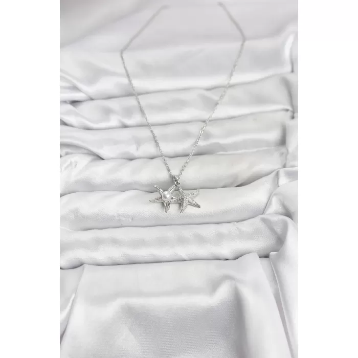 316L Çelik Zincir Gümüş Renk Deniz Yıldızı Model Zirkon Taşlı Kadın Kolye