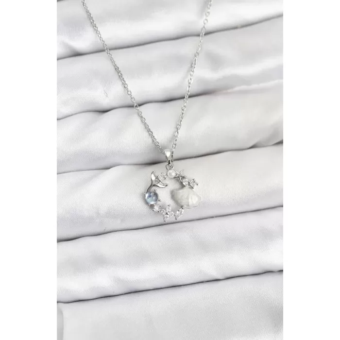 316L Çelik Zincir Gümüş Renk Deniz Tema Model Zirkon Taşlı Kadın Kolye
