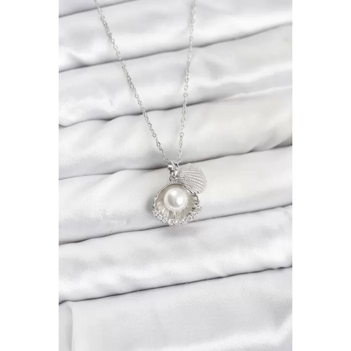 316L Çelik Zincir Gümüş Renk İncili Deniz Kabuğu Model Zirkon Taşlı Kadın Kolye