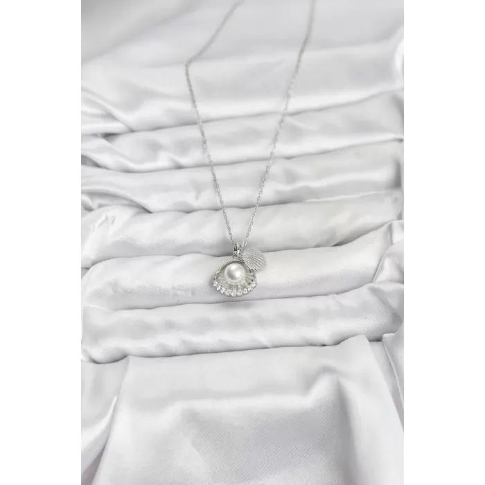 316L Çelik Zincir Gümüş Renk İncili Deniz Kabuğu Model Zirkon Taşlı Kadın Kolye