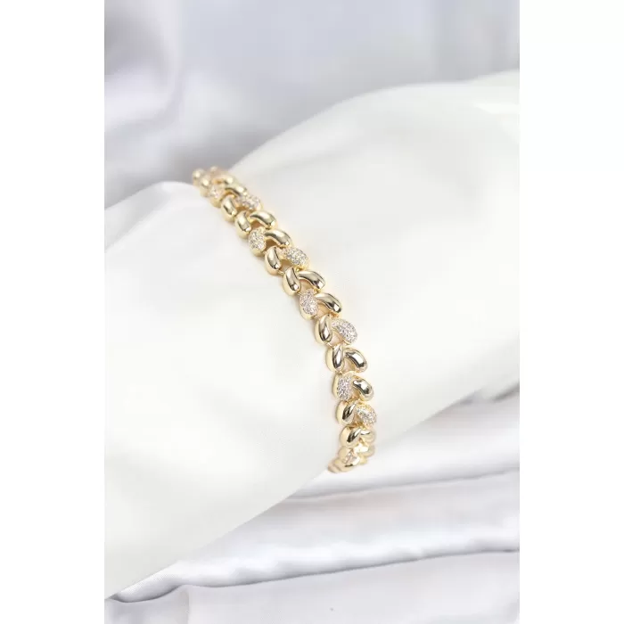 Pirinç Gold Renk VIP Seri Sarmal Damla Model Zirkon Taşlı Kadın Bileklik