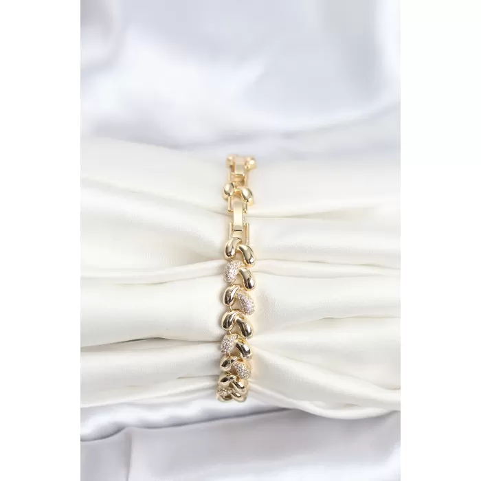 Pirinç Gold Renk VIP Seri Sarmal Damla Model Zirkon Taşlı Kadın Bileklik