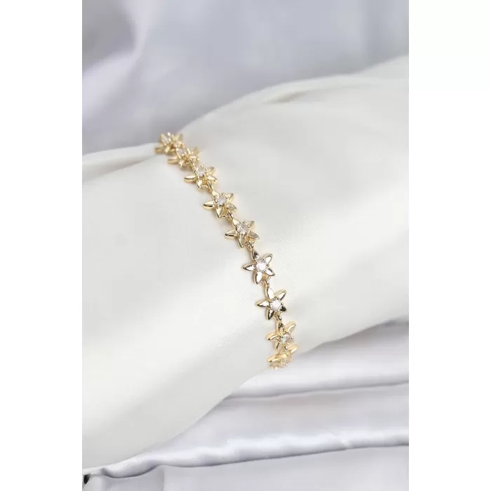 Pirinç Gold Renk VIP Seri Sıralı Taşlı Yıldız Model Zirkon Taşlı Kadın Bileklik