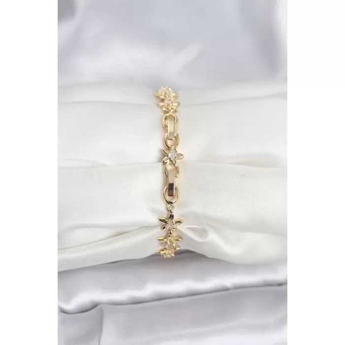 Pirinç Gold Renk VIP Seri Sıralı Taşlı Yıldız Model Zirkon Taşlı Kadın Bileklik