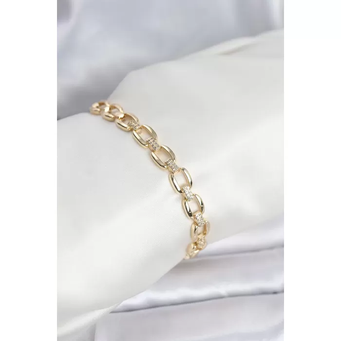 Pirinç Gold Renk VIP Seri Zincir Model Zirkon Taşlı Kadın Bileklik