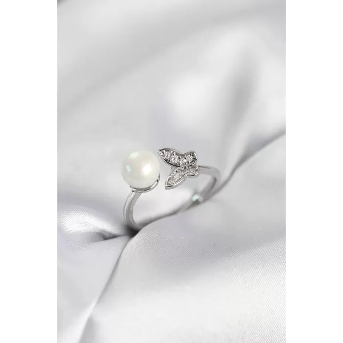 Kelebek İncili Model Gümüş Renk Zirkon Taşlı Kadın Yüzük