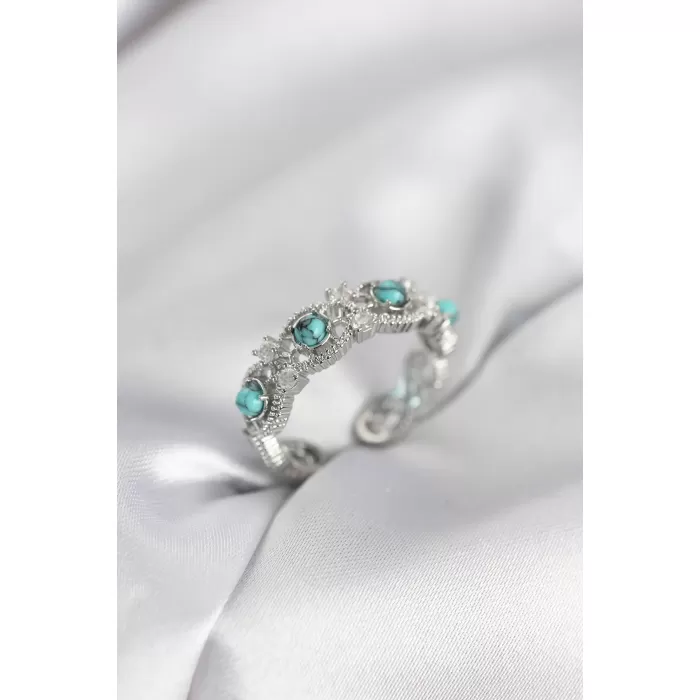 Mavi Taşlı Gümüş Renk Vintage Kadın Yüzük