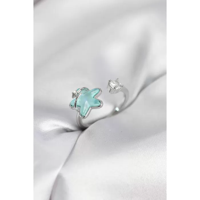 Gümüş Renk Turkuaz Yıldız Model Kadın Yüzük