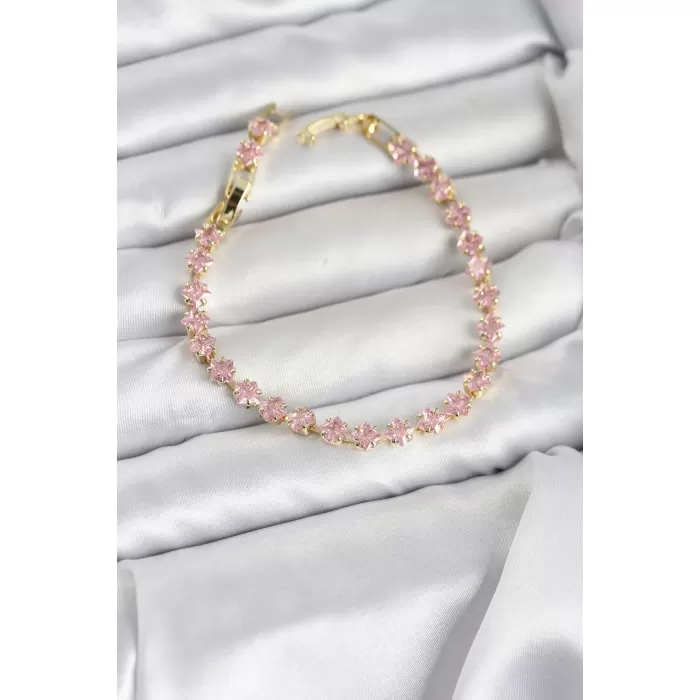 Pembe Kare Zirkon Taşlı Gold Renk Pirinç Su Yolu Kadın Bileklik