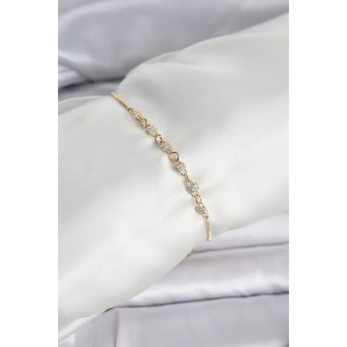 Gold Renk Zincir Model Zirkon Taşlı Pirinç Asansörlü Kadın Bileklik