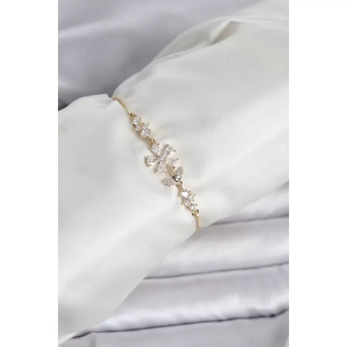 Gold Renk Zirkon Taşlı Papatya Model Asansörlü Kadın Bileklik