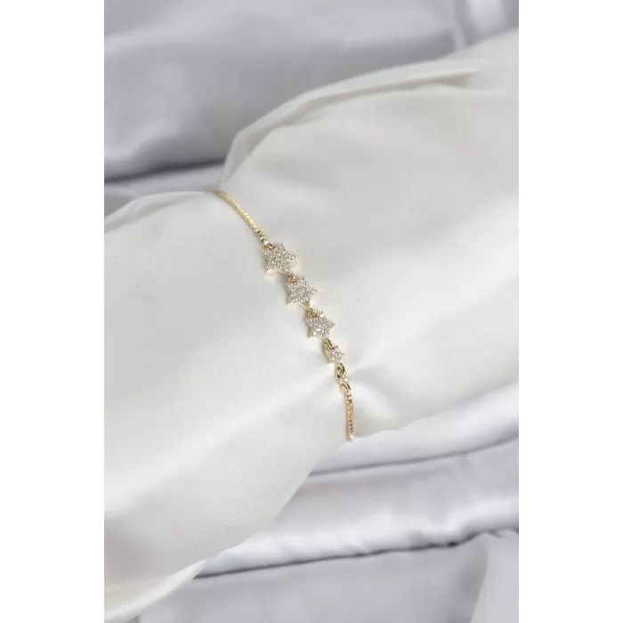 Gold Renk Zirkon Taşlı Yıldız Model Asansörlü Kadın Bileklik