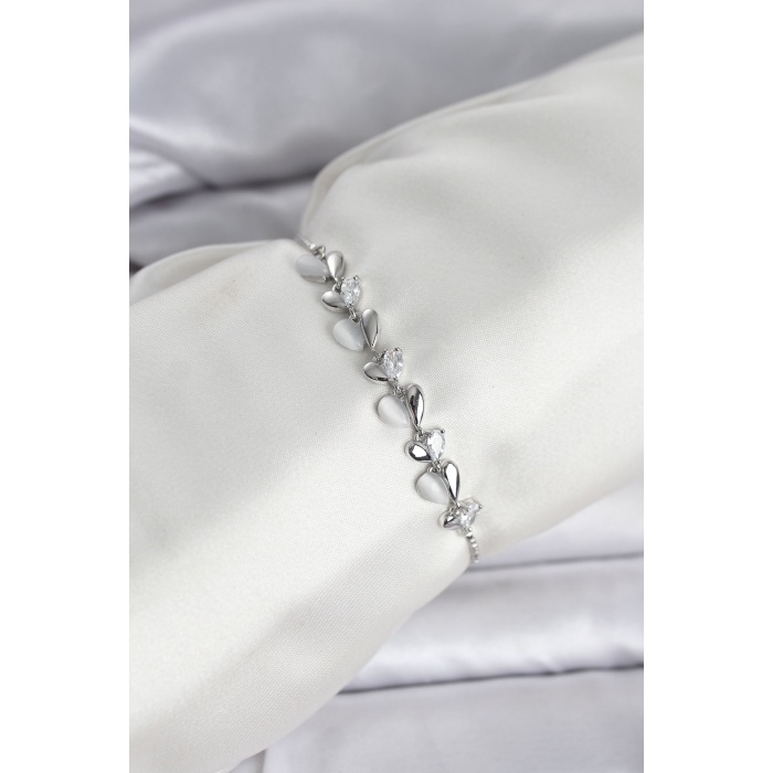 Gümüş Renk Zirkon Taşlı Sıralı Damla Model Asansörlü Kadın Bileklik -