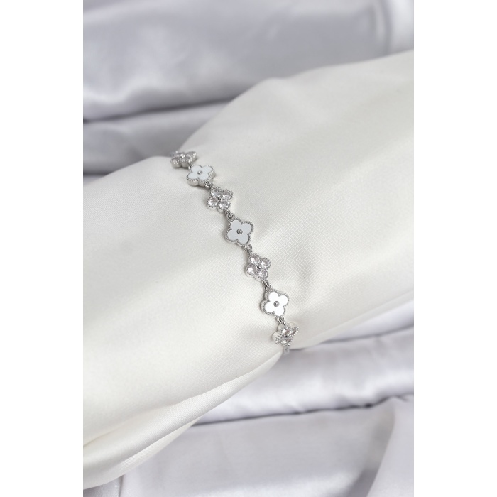 Gümüş Renk Zirkon Taşlı Sıralı Yonca Model Asansörlü Kadın Bileklik -