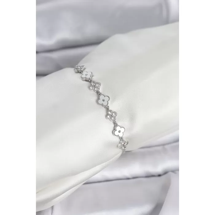 Gümüş Renk Zirkon Taşlı Sıralı Yonca Model Asansörlü Kadın Bileklik