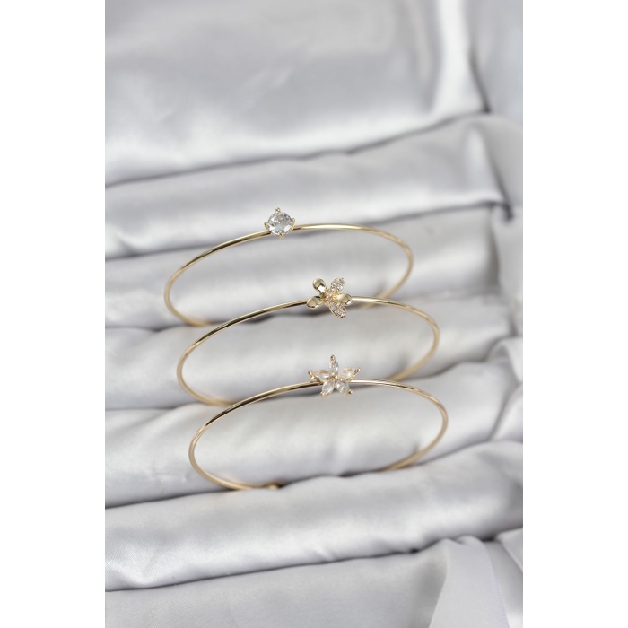 Gold Renk Zirkon Taşlı Pirinç 3lü Kadın Bileklik Kombini -