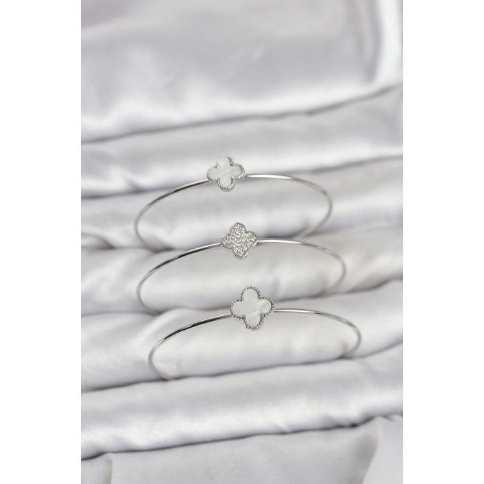 Gümüş Renk Yonca Model Zirkon Taşlı 3lü Kadın Bileklik Kombini -