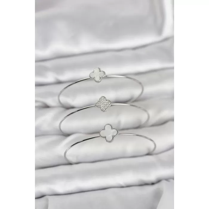 Gümüş Renk Yonca Model Zirkon Taşlı 3lü Kadın Bileklik Kombini