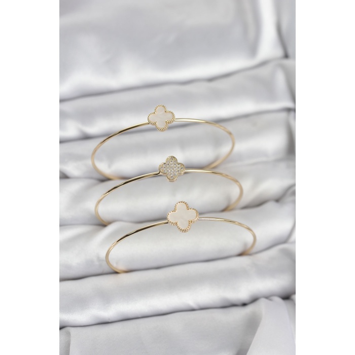 Gold Renk Yonca Model Zirkon Taşlı 3lü Kadın Bileklik Kombini -