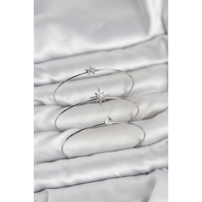 Gümüş Renk Kutup Yıldızı Model Zirkon Taşlı 3lü Kadın Bileklik Kombini -