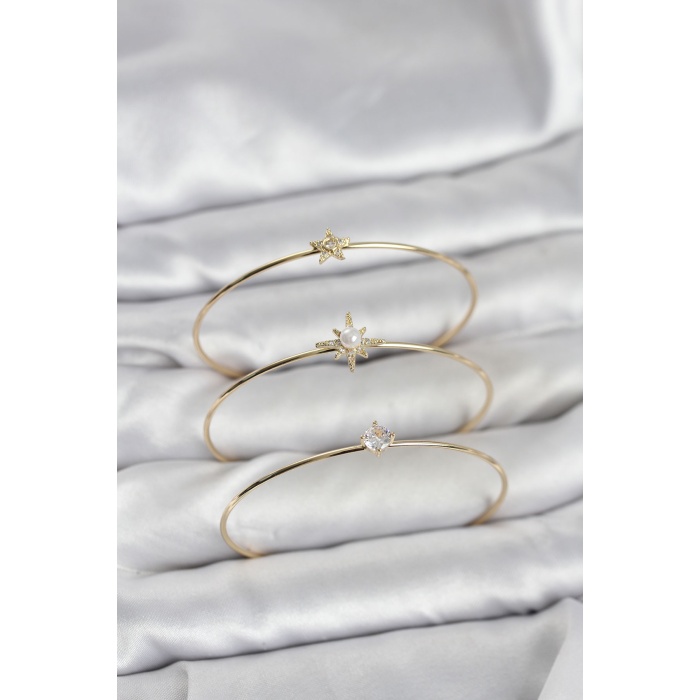 Gold Renk Kutup Yıldızı Model Zirkon Taşlı 3lü Kadın Bileklik Kombini -