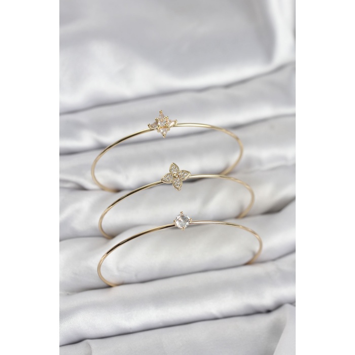 Zirkon Taşlı Gold Renk Yonca Model 3lü Kadın Bileklik Kombini -