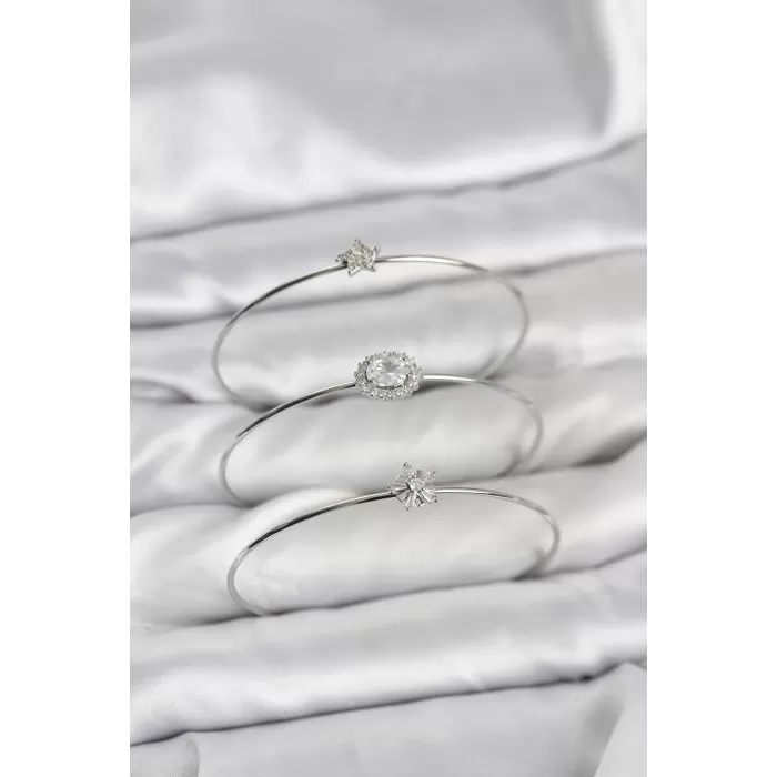 Zirkon Taşlı Gümüş Renk Tek Taş Model 3lü Kadın Bileklik Kombini